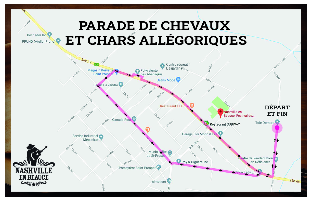 Trajet de la parade de chevaux et chars allégoriques