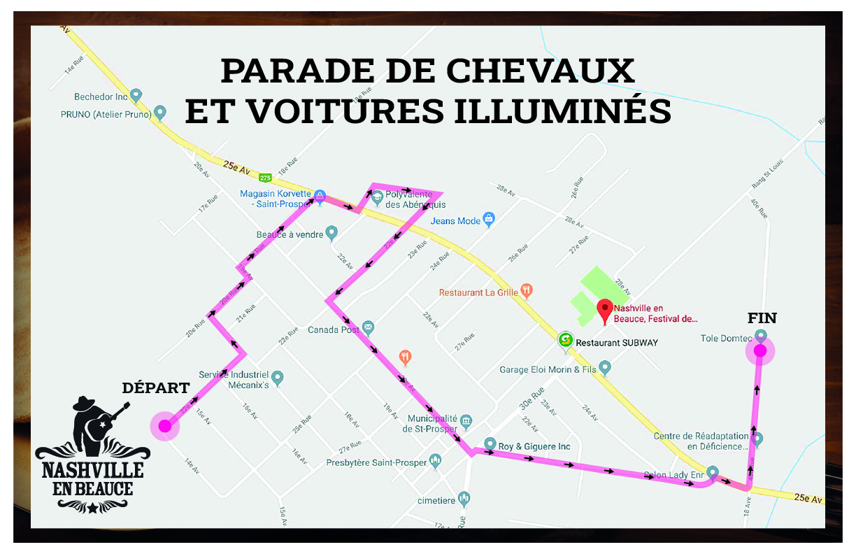 Trajet de la parade de chevaux et voitures illuminés