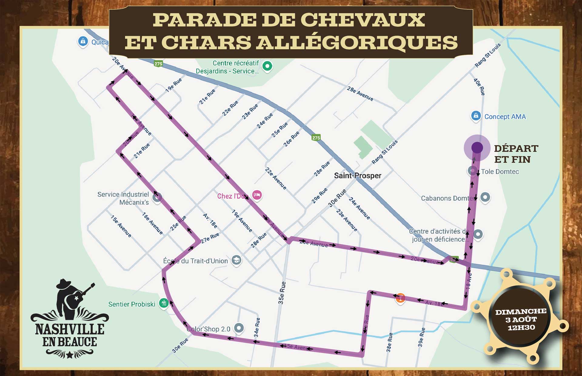 Trajet de la parade Nashville en Beauce à Saint-Prosper